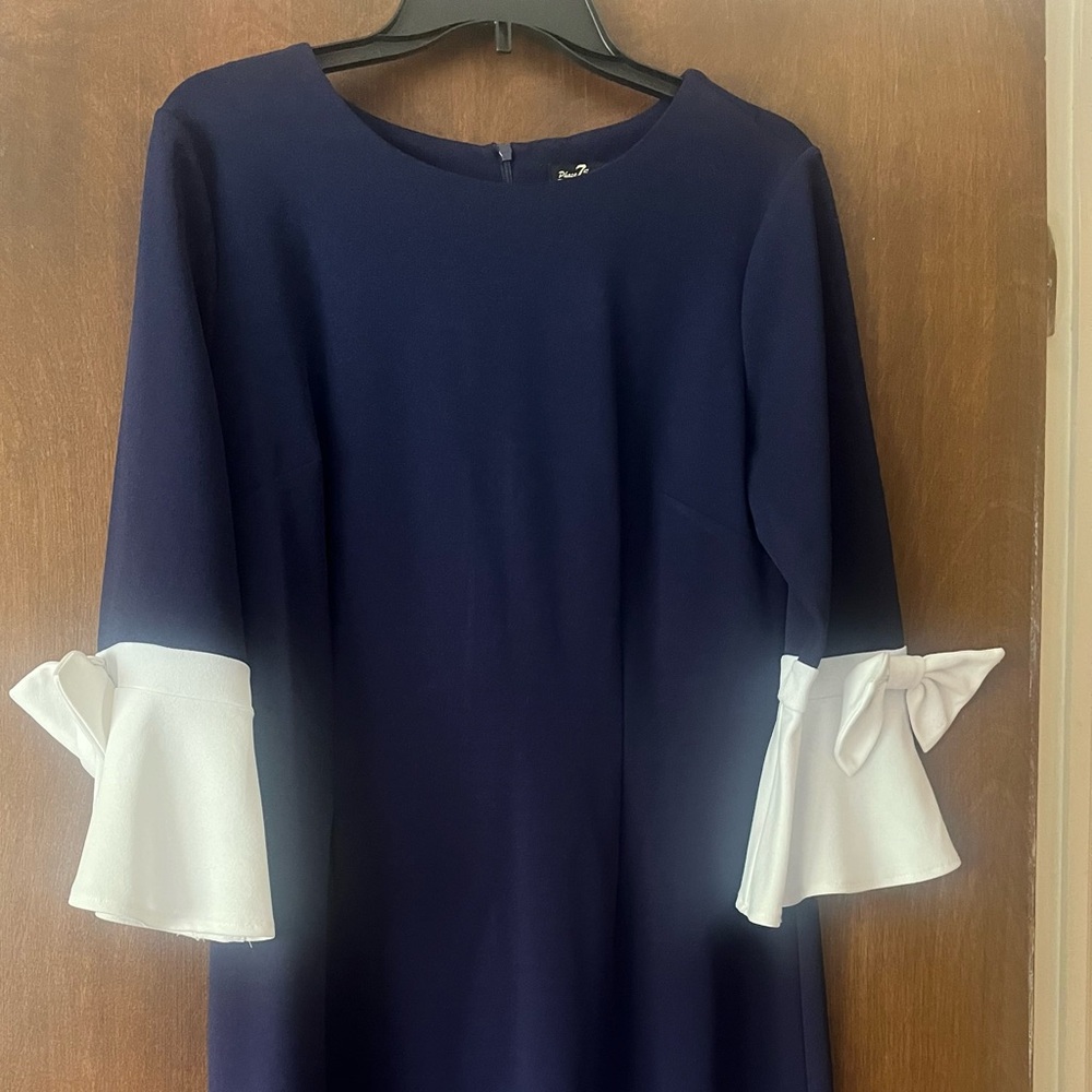 Blue and White Sheath Dress with Bell Sleeves